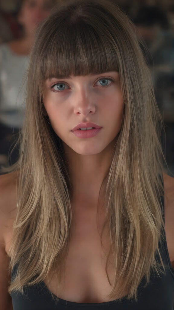 a girl with a beautiful pout, long soft hair in perfect bangs cut frame her round face, realistic and detailed, she wears a lifted cropped tank top, stunning female body, she waits seductively for a kiss