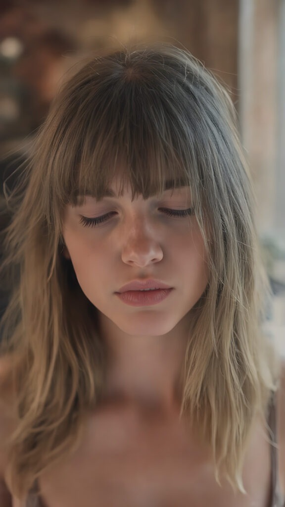 a girl with a beautiful pout, plump lips, long soft brown and blond hair in perfect bangs cut frame her round face, realistic and detailed, she wears a lifted cropped tank top, stunning female body, she waits seductively for a kiss with closed eyes and half open mouth