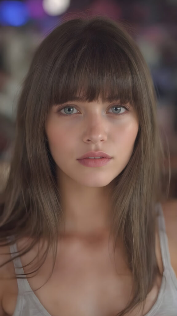 a girl with a beautiful pout, long soft hair in perfect bangs cut frame her round face, realistic and detailed, she wears a lifted cropped tank top, stunning female body, she waits seductively for a kiss