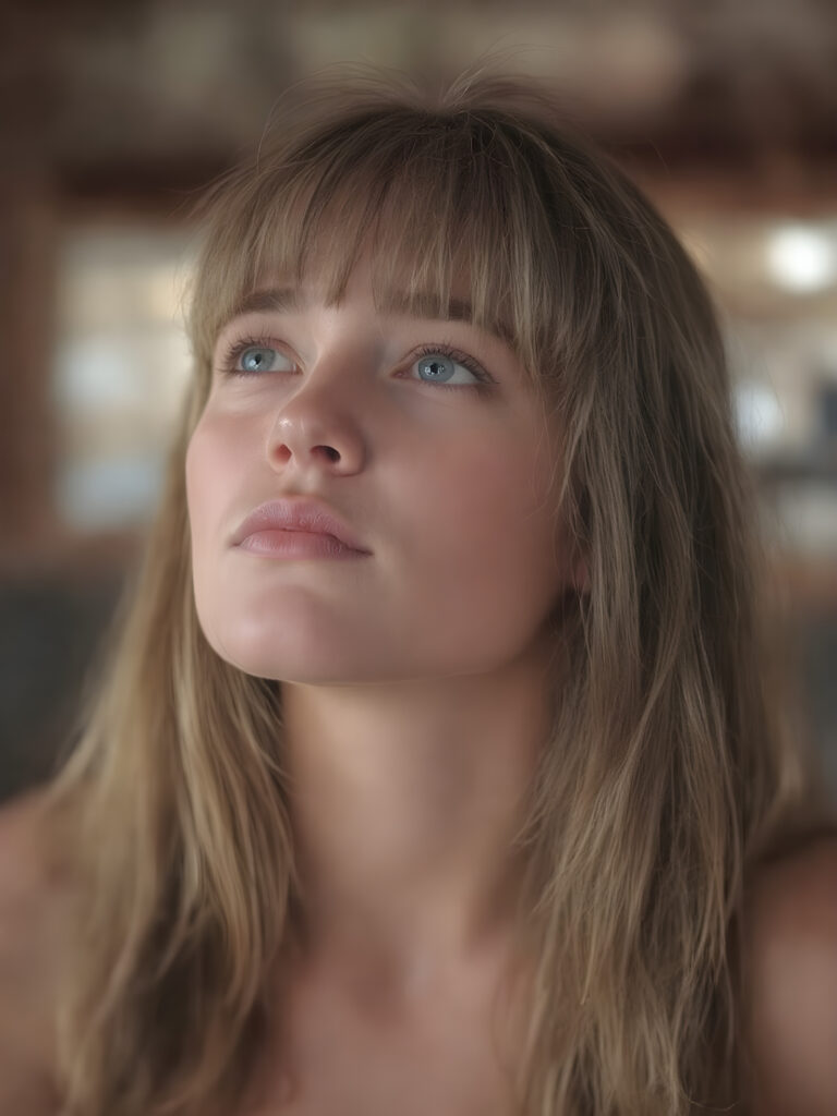 a girl with a beautiful pout, plump lips, long soft brown and blond hair in perfect bangs cut frame her round face, realistic and detailed, she wears a lifted cropped tank top, stunning female body, she waits seductively for a kiss, looks up and she says: kiss me