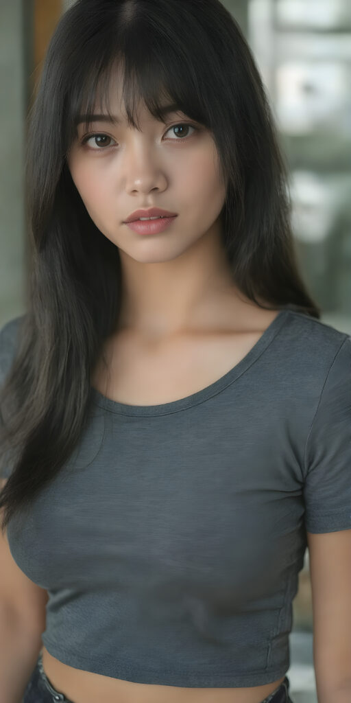 a girl with a perfect, sculpted body wears a tight grey t-shirt that emphasizes her feminine curves, she has open soft black straight hair, bangs