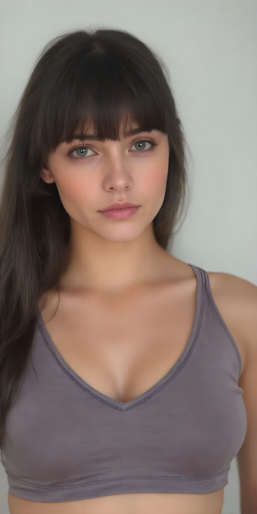 a girl with a perfect, sculpted body wears a ((tight cropped sport top, deep v-neck, that emphasizes her feminine curves)), she has open soft black straight hair, bangs