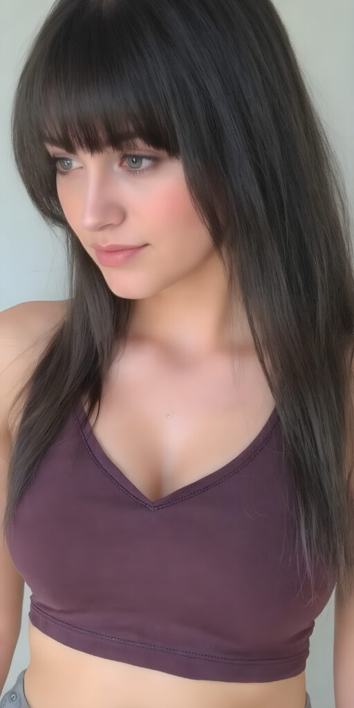 a girl with a perfect, sculpted body wears a ((tight cropped sport top, deep v-neck, that emphasizes her feminine curves)), she has open soft black straight hair, bangs