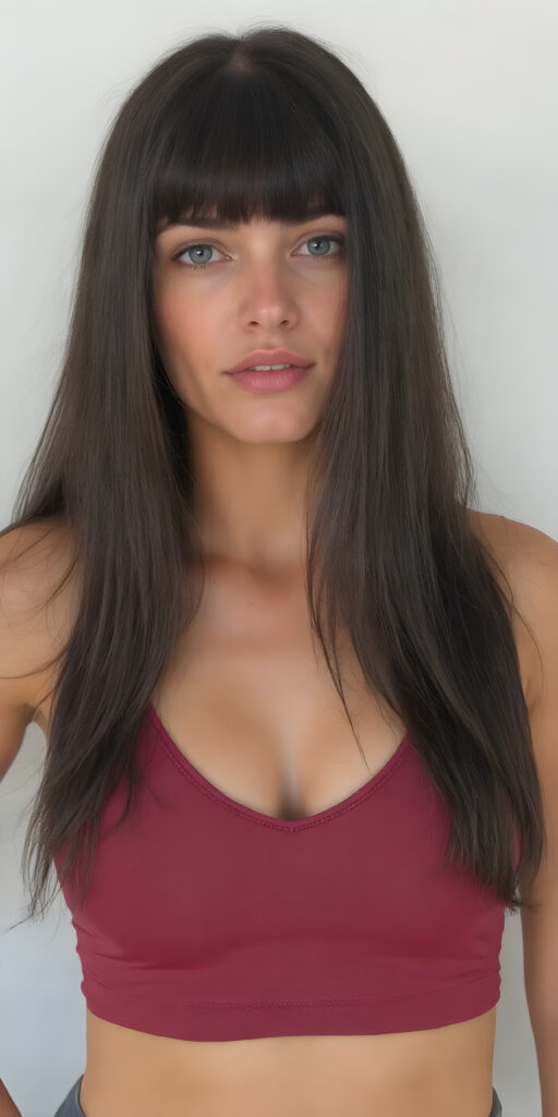 a girl with a perfect, sculpted body wears a ((tight cropped sport top, deep v-neck, that emphasizes her feminine curves)), she has open soft black straight hair, bangs