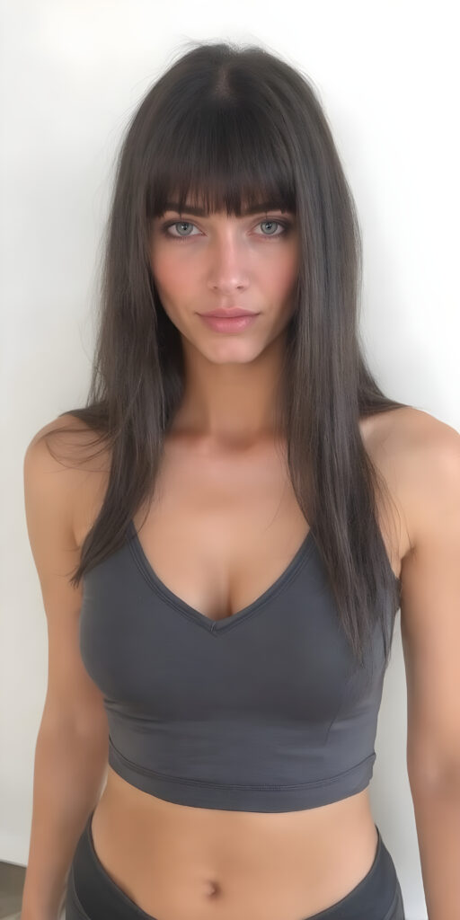 a girl with a perfect, sculpted body wears a ((tight cropped sport top, deep v-neck, that emphasizes her feminine curves)), she has open soft black straight hair, bangs