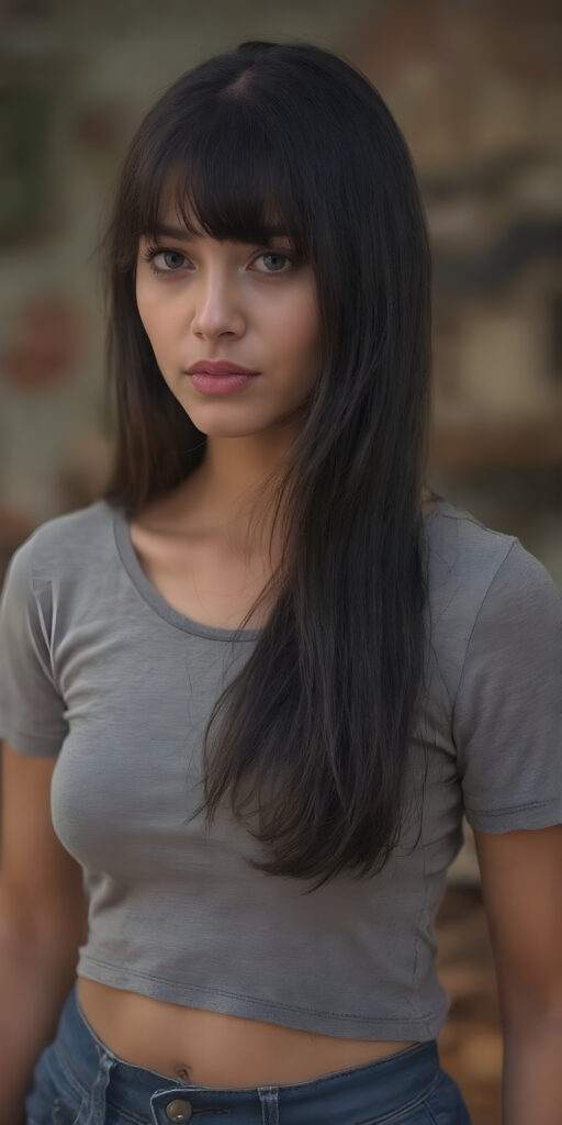 a girl with a perfect, sculpted body wears a tight grey t-shirt that emphasizes her feminine curves, she has open soft black straight hair, bangs