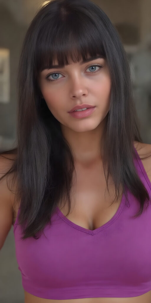 a girl with a perfect, sculpted body wears a ((tight cropped sport top, deep v-neck, that emphasizes her feminine curves)), she has open soft black straight hair, bangs