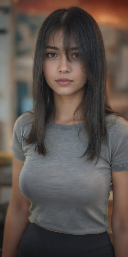 a girl with a perfect, sculpted body wears a tight grey t-shirt that emphasizes her feminine curves, she has open soft black straight hair, bangs