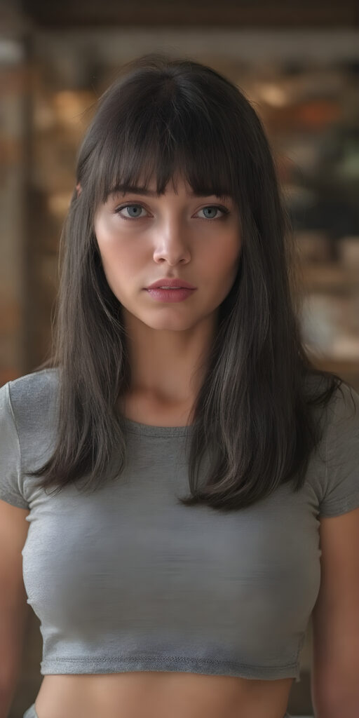 a girl with a perfect, sculpted body wears a tight grey t-shirt that emphasizes her feminine curves, she has open soft black straight hair, bangs
