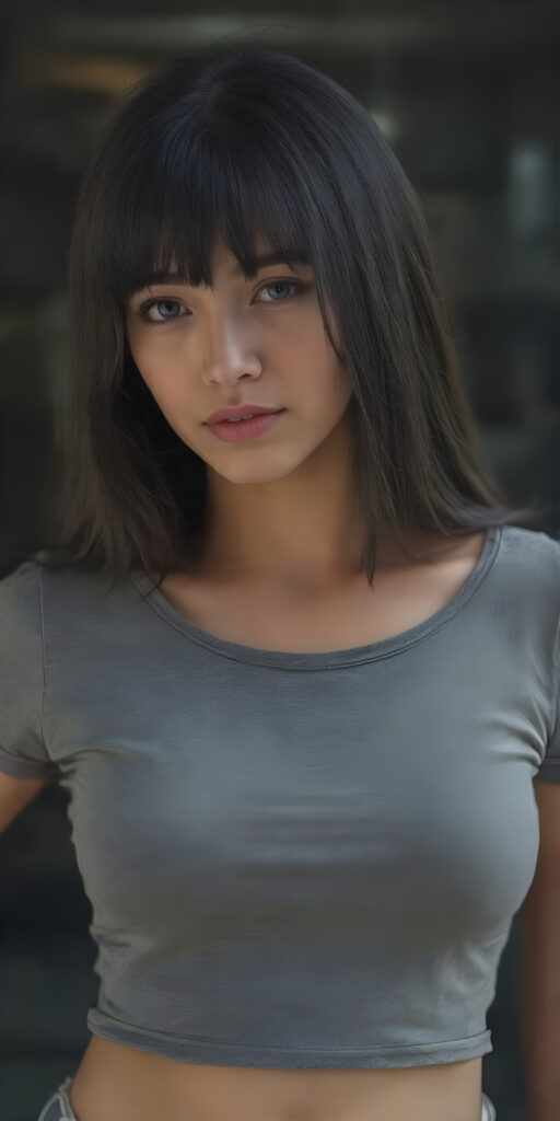 a girl with a perfect, sculpted body wears a tight grey t-shirt that emphasizes her feminine curves, she has open soft black straight hair, bangs
