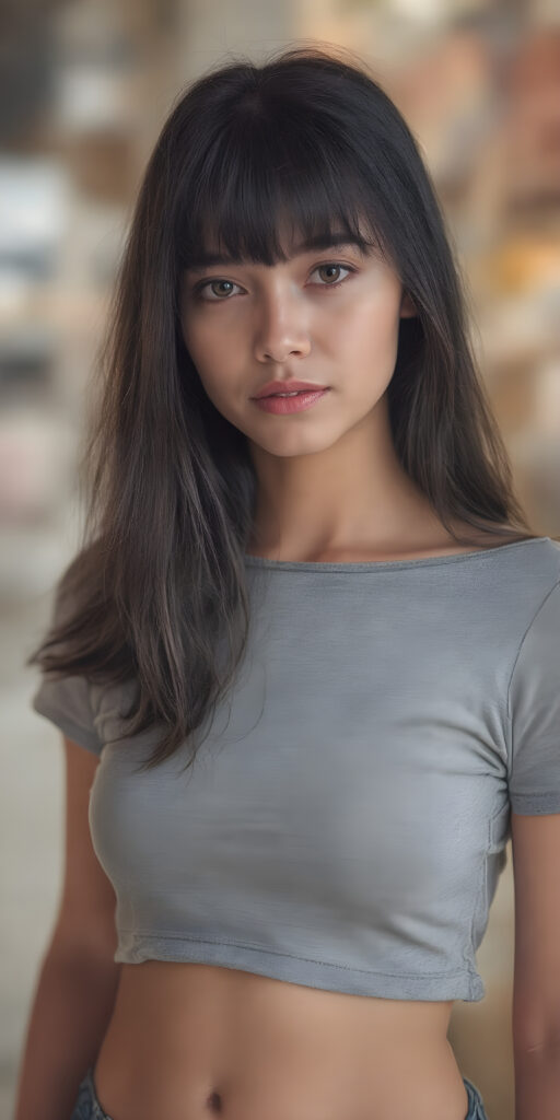 a girl with a perfect, sculpted body wears a tight grey t-shirt that emphasizes her feminine curves, she has open soft black straight hair, bangs