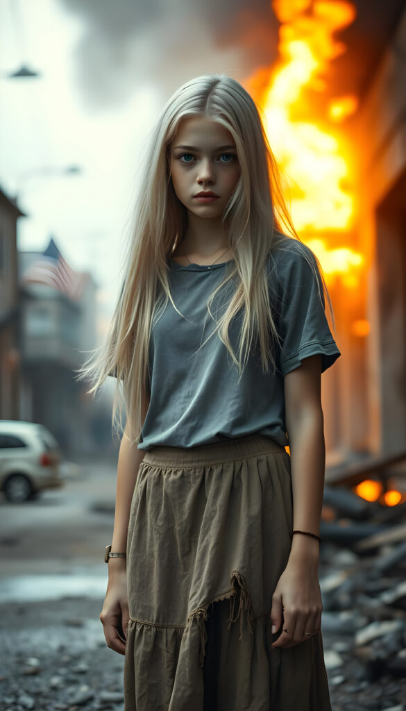 a ((gorgeous)) ((stunning)) cute young sad girl, full body portrait, pencil drawing, poor dressed in a thin and fine tattered cropped t-shirt and a round long skirt, fine open straight snow white silky hair, she stands i a destroyed street in a burning city