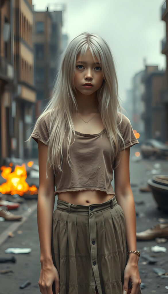 a ((gorgeous)) ((stunning)) cute young sad girl, full body portrait, pencil drawing, poor dressed in a thin and fine tattered cropped t-shirt and a round long skirt, fine open straight snow white silky hair, she stands i a destroyed street in a burning city