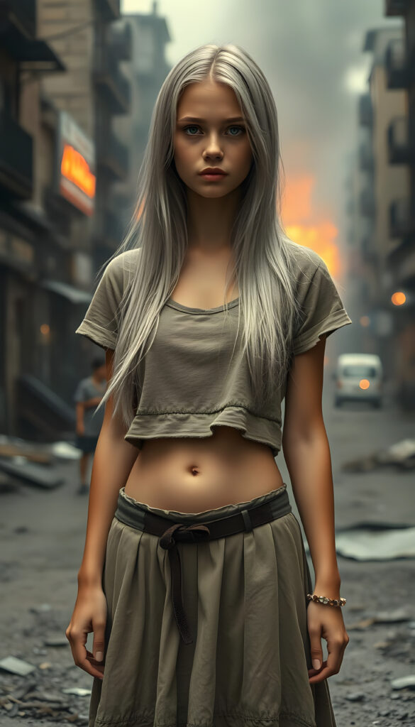 a ((gorgeous)) ((stunning)) cute young sad girl, full body portrait, pencil drawing, poor dressed in a thin and fine tattered cropped t-shirt and a round long skirt, fine open straight snow white silky hair, she stands i a destroyed street in a burning city