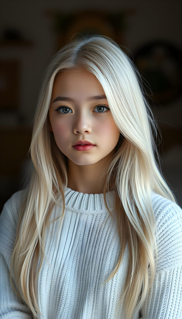 a ((gorgeous)) ((stunning)) cute young girl, full body portrait, pencil drawing, thin and fine white sweater, fine open straight snow white silky hair. The photo is very realistic, with small details. Light falls in and creates perfect shadows.