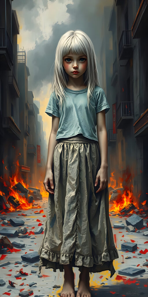 a ((gorgeous)) ((stunning)) cute young sad girl, full body realistic portrait, poor dressed in a thin and fine tattered cropped t-shirt and a round long skirt, fine open straight snow white silky hair, she stands i a destroyed street in a burning city