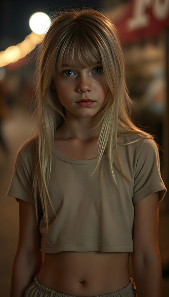 a ((gorgeous)) ((stunning)) cute young girl, full body portrait, thin and fine wool cropped t-shirt and a round short mini skirt, fine open straight snow white silky hair, you can see her cute belly button, all against a nightly backdrop