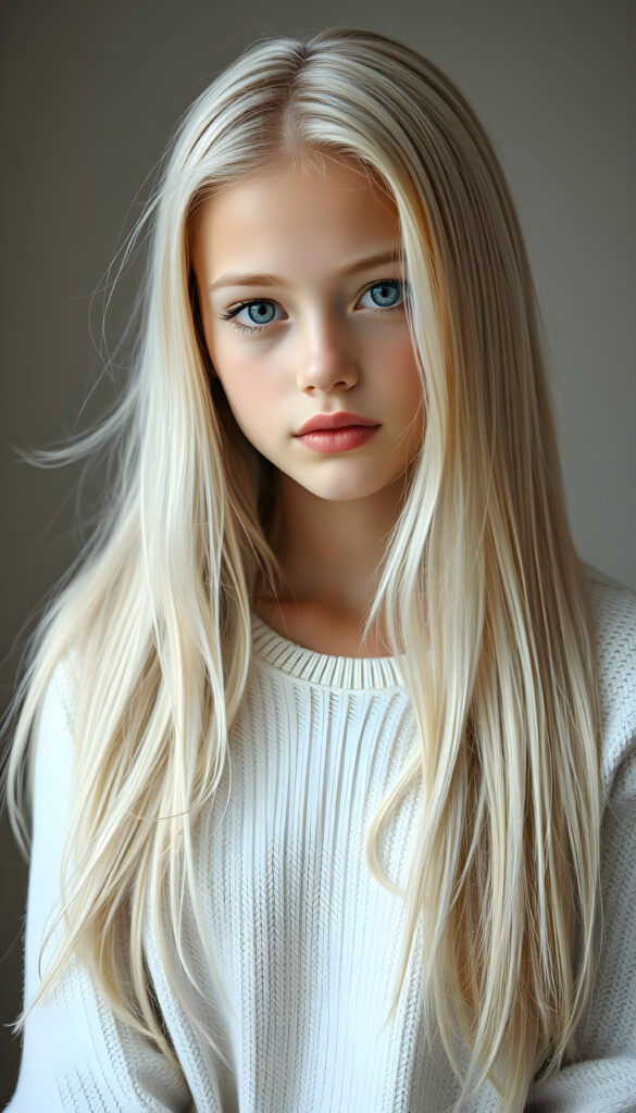 a ((gorgeous)) ((stunning)) cute young girl, full body portrait, pencil drawing, thin and fine white sweater, fine open straight snow white silky hair. The photo is very realistic, with small details. Light falls in and creates perfect shadows.