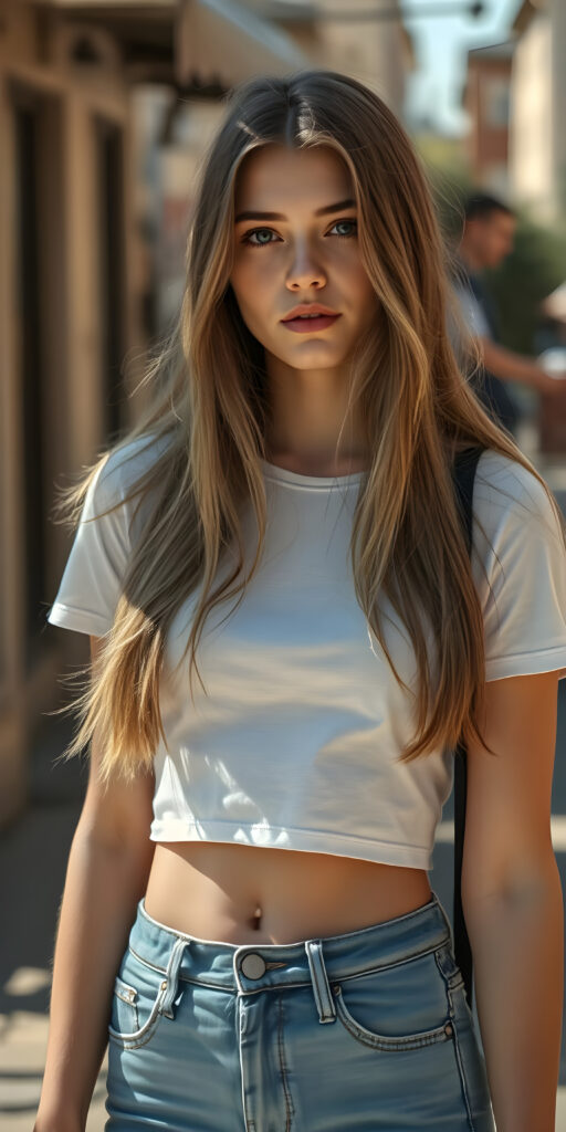 a ((gorgeous)) ((stunning)) cute young teenage girlie, full body portrait, she wears a thin white and fine wool cropped t-shirt and a blue denim jeans pants, she has a perfect female curved fit body, fine open straight silky wavy hair falls down like a waterfall, you can see her cute belly button, all against a sunny backdrop in the streets, Photograph Portrait Symmetrical Full body Sharp focus 35mm