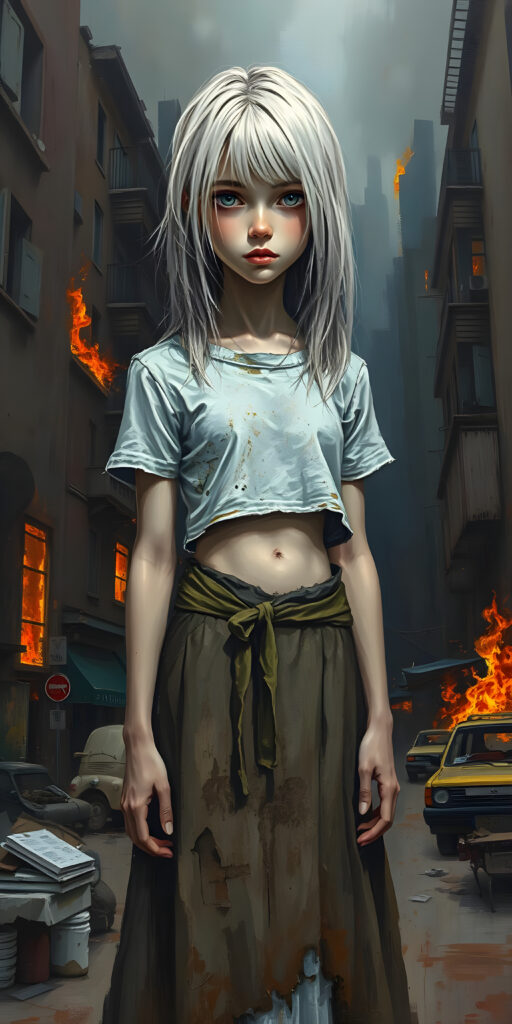 a ((gorgeous)) ((stunning)) cute young sad girl, full body realistic portrait, poor dressed in a thin and fine tattered cropped t-shirt and a round long skirt, fine open straight snow white silky hair, she stands i a destroyed street in a burning city