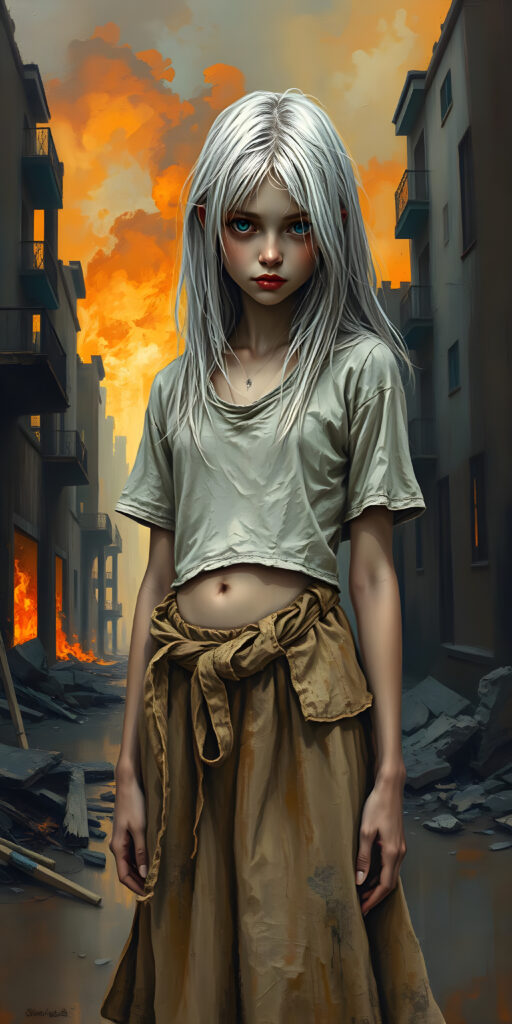 a ((gorgeous)) ((stunning)) cute young sad girl, full body realistic portrait, poor dressed in a thin and fine tattered cropped t-shirt and a round long skirt, fine open straight snow white silky hair, she stands i a destroyed street in a burning city