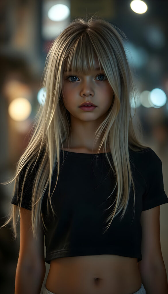 a ((gorgeous)) ((stunning)) cute young girl, full body portrait, thin and fine wool cropped t-shirt and a round short mini skirt, fine open straight snow white silky hair, you can see her cute belly button, all against a nightly backdrop