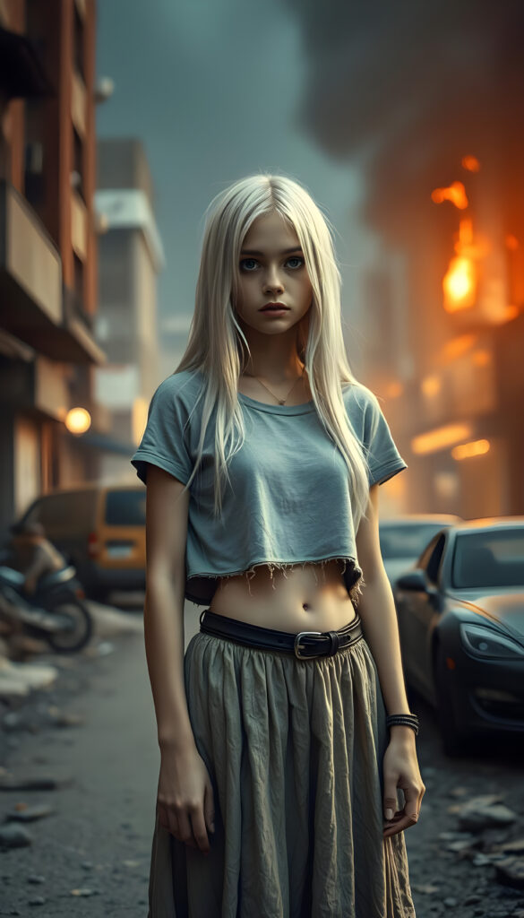 a ((gorgeous)) ((stunning)) cute young sad girl, full body portrait, pencil drawing, poor dressed in a thin and fine tattered cropped t-shirt and a round long skirt, fine open straight snow white silky hair, she stands i a destroyed street in a burning city