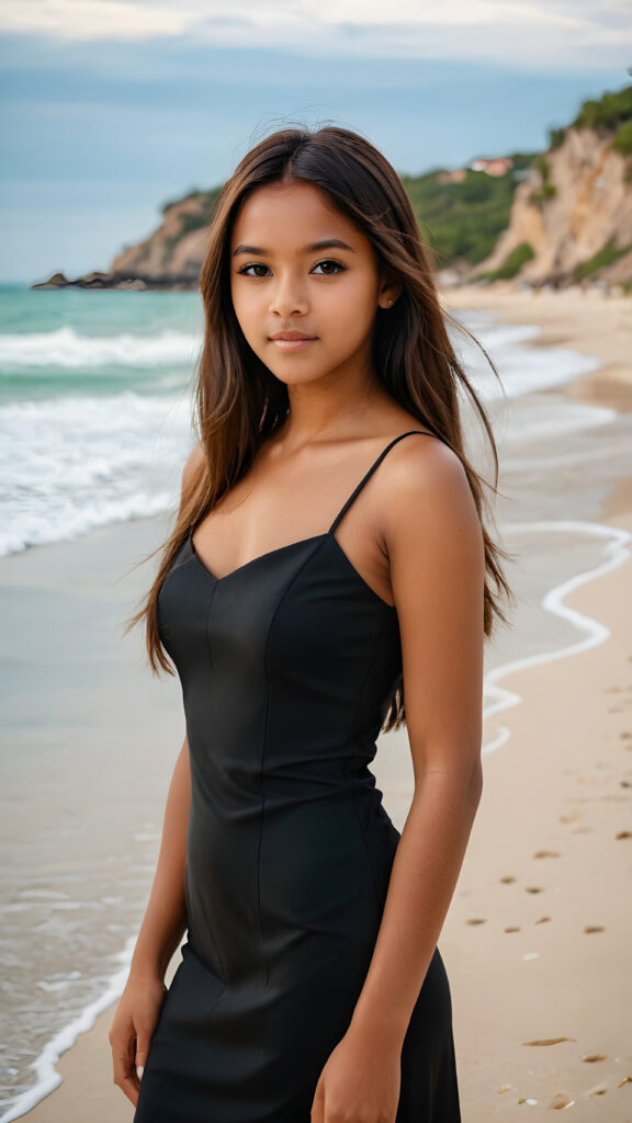 a gorgeous Exotic teen girl (((brown-skinned, straight brown soft hair))) in a sleek, (((black dress))), standing confidently with a powerful presence, as she leads the gaze of the viewer, against a backdrop of a (beach)