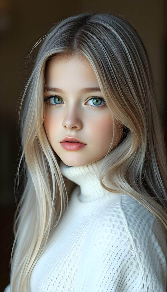 a ((gorgeous)) ((stunning)) cute young girl, full body portrait, pencil drawing, thin and fine white sweater, fine open straight snow white silky hair. The photo is very realistic, with small details. Light falls in and creates perfect shadows.