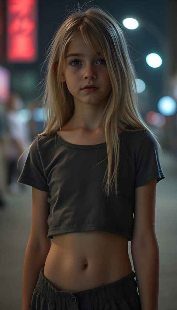 a ((gorgeous)) ((stunning)) cute young girl, full body portrait, thin and fine wool cropped t-shirt and a round short mini skirt, fine open straight snow white silky hair, you can see her cute belly button, all against a nightly backdrop