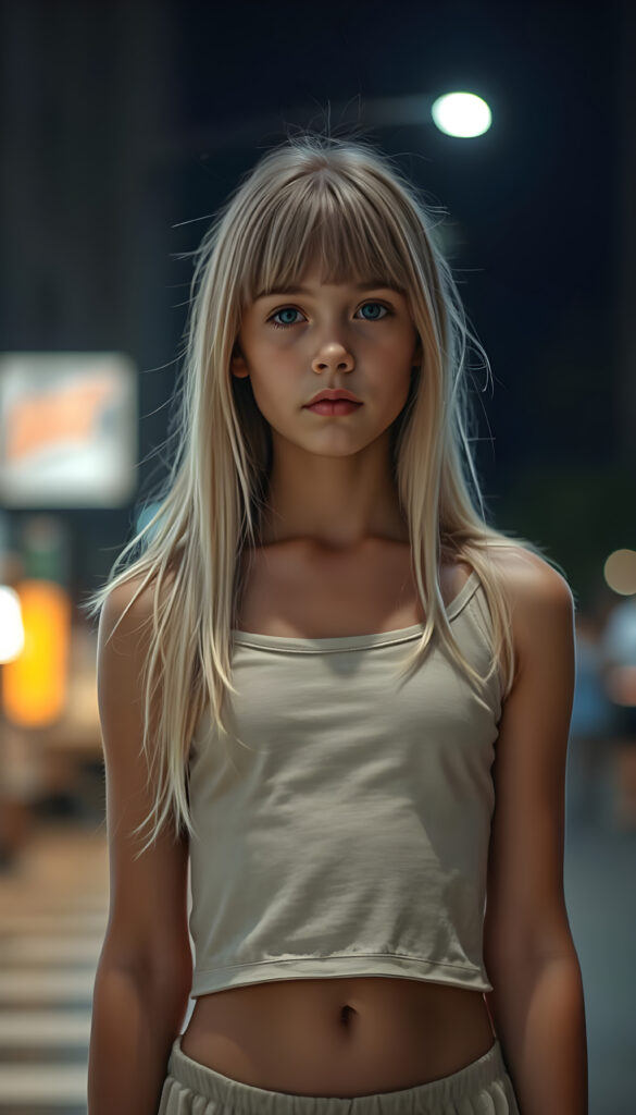 a ((gorgeous)) ((stunning)) cute young girl, full body portrait, thin and fine wool cropped t-shirt and a round short mini skirt, fine open straight snow white silky hair, you can see her cute belly button, all against a nightly backdrop