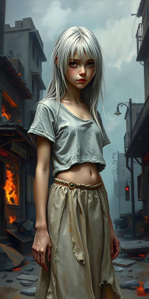 a ((gorgeous)) ((stunning)) cute young sad girl, full body realistic portrait, poor dressed in a thin and fine tattered cropped t-shirt and a round long skirt, fine open straight snow white silky hair, she stands i a destroyed street in a burning city