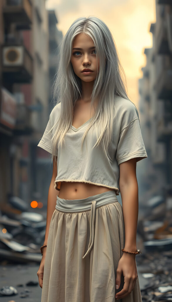 a ((gorgeous)) ((stunning)) cute young sad girl, full body portrait, pencil drawing, poor dressed in a thin and fine tattered cropped t-shirt and a round long skirt, fine open straight snow white silky hair, she stands i a destroyed street in a burning city