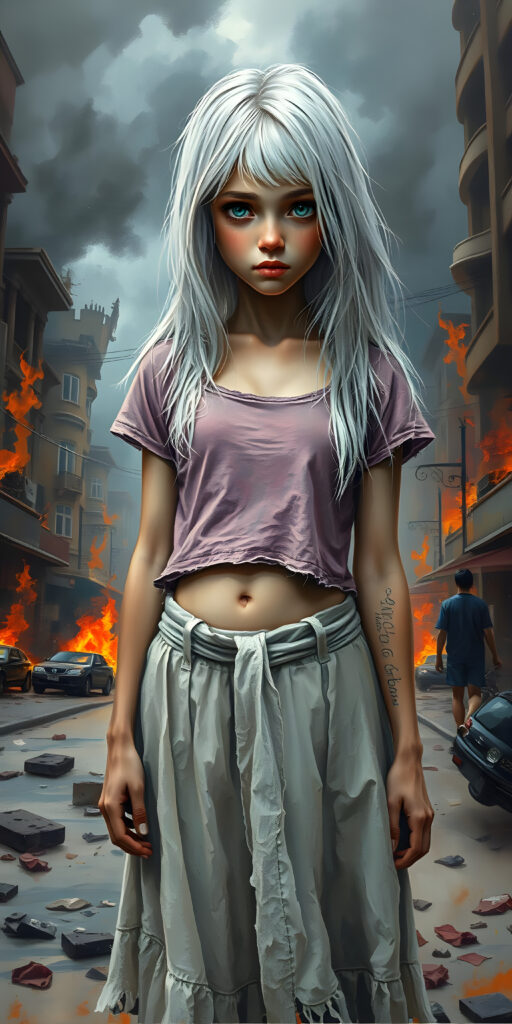 a ((gorgeous)) ((stunning)) cute young sad girl, full body realistic portrait, poor dressed in a thin and fine tattered cropped t-shirt and a round long skirt, fine open straight snow white silky hair, she stands i a destroyed street in a burning city