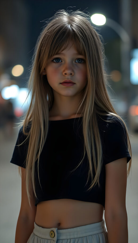 a ((gorgeous)) ((stunning)) cute young girl, full body portrait, thin and fine wool cropped t-shirt and a round short mini skirt, fine open straight snow white silky hair, you can see her cute belly button, all against a nightly backdrop