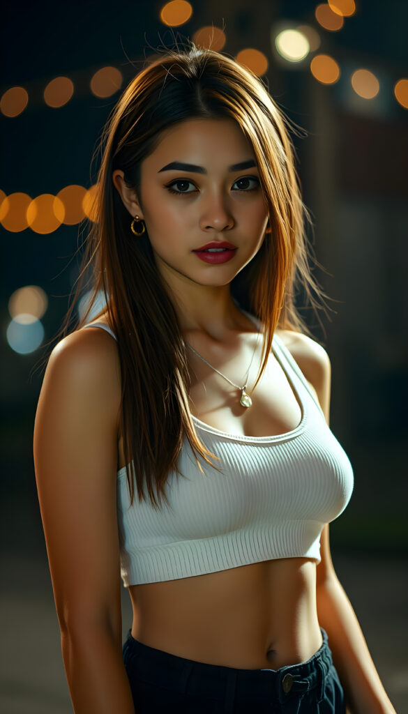 a ((gorgeous)) ((stunning)) cute young well busty girl, portrait, she wears a thin white and fine wool cropped sport tank top deep neck, fine open straight silky hair, you can see her cute belly button, all against a nightly backdrop