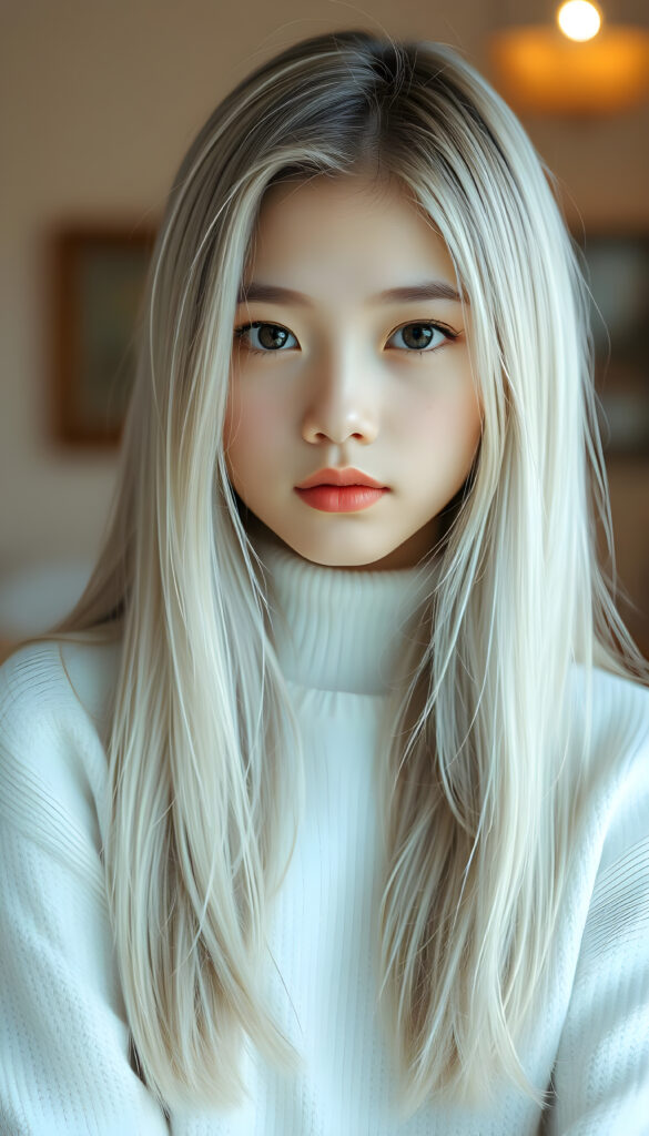 a ((gorgeous)) ((stunning)) cute young girl, full body portrait, pencil drawing, thin and fine white sweater, fine open straight snow white silky hair. The photo is very realistic, with small details. Light falls in and creates perfect shadows.