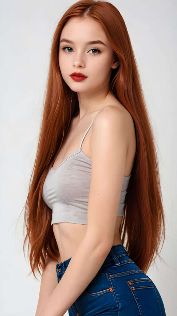 a (((gorgeous young teen model girl))), age 15, with (((copper-red straight very long soft hair))), featuring (((dark red lips))), and a (((small flawless face))), with (((big round cheeks))), and a (((dreamlike beauty mark))), she wears a ((sleek and tight crop top)) and short jeans pants