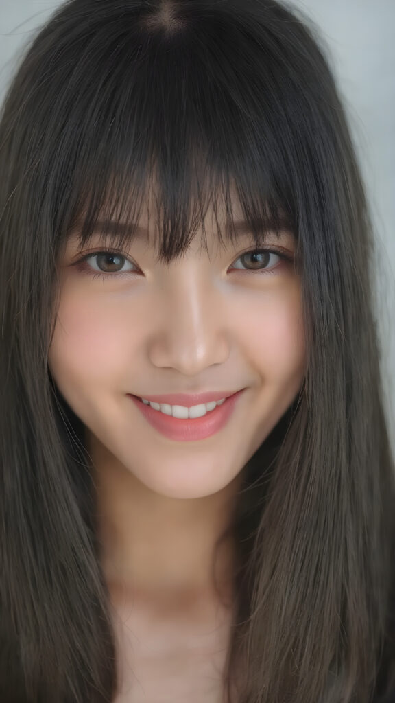 a (((gorgeously straight, sleek and shiny, white teeth shining brightly)), in a (((brightly detailed and high quality light and shadow photography))), featuring a (((beautiful young Korean girl))) with (((straight jet soft very long black hair, bangs cut))), her (((skin is beautifully toned and complements her look))), with (((soft, diffused lighting))) that brings out her (((best features))), including (((perfect white balance))) and (((dynamic depth of field))), as if captured by a (((professional studio photography team)))