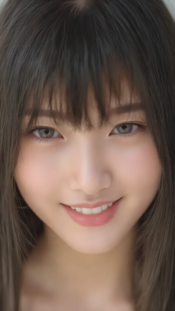 a (((gorgeously straight, sleek and shiny, white teeth shining brightly)), in a (((brightly detailed and high quality light and shadow photography))), featuring a (((beautiful young Korean girl))) with (((straight jet soft very long black hair, bangs cut))), her (((skin is beautifully toned and complements her look))), with (((soft, diffused lighting))) that brings out her (((best features))), including (((perfect white balance))) and (((dynamic depth of field))), as if captured by a (((professional studio photography team)))