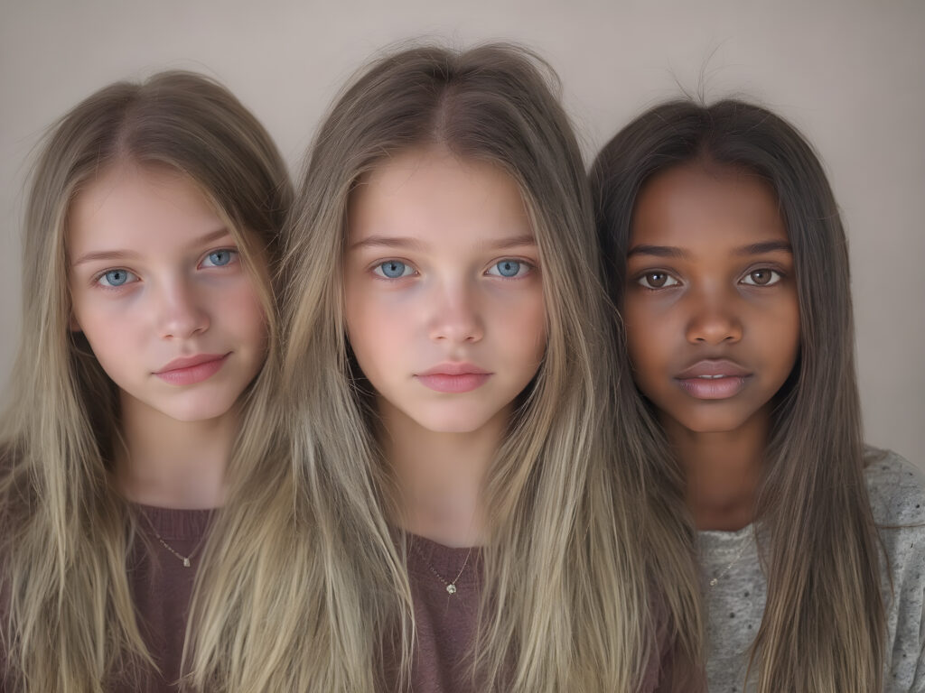 a Group of three very young breathtaking beautiful blond and brunette and black childlike 18yo teenage girls, straight hair