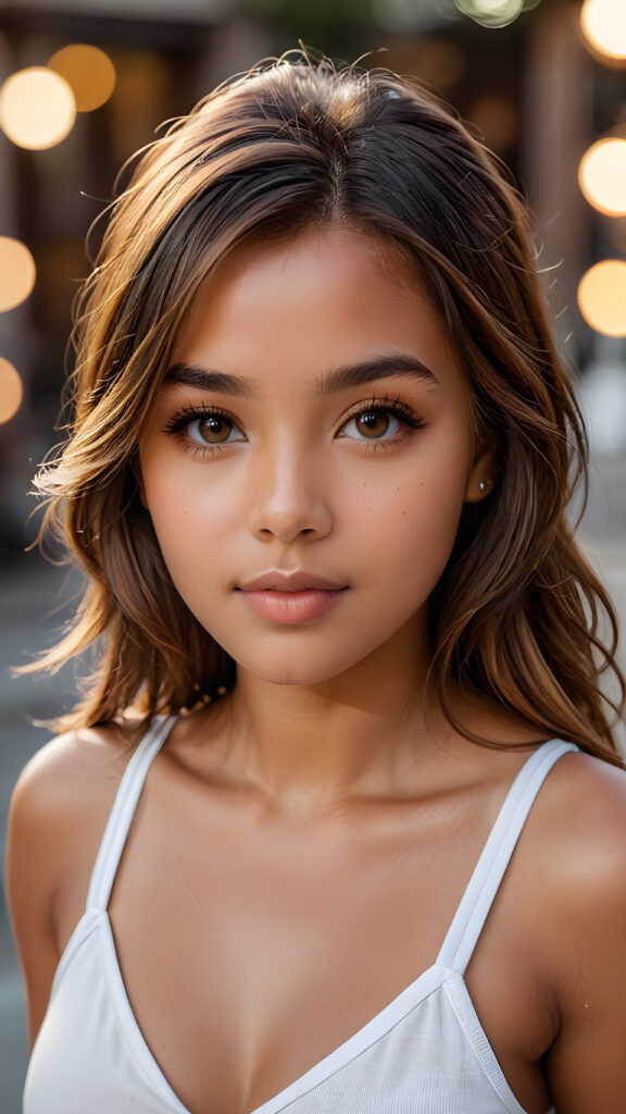 a high detailed and realistic portrait from a tanned young cute Indigenous girl, realistic gold-brown long jet hair, round face, white short tank top with a deep v-neck, detailed dark and shiny eyes, full lips, perfect skin, makeup, perfect curvy body, view from above