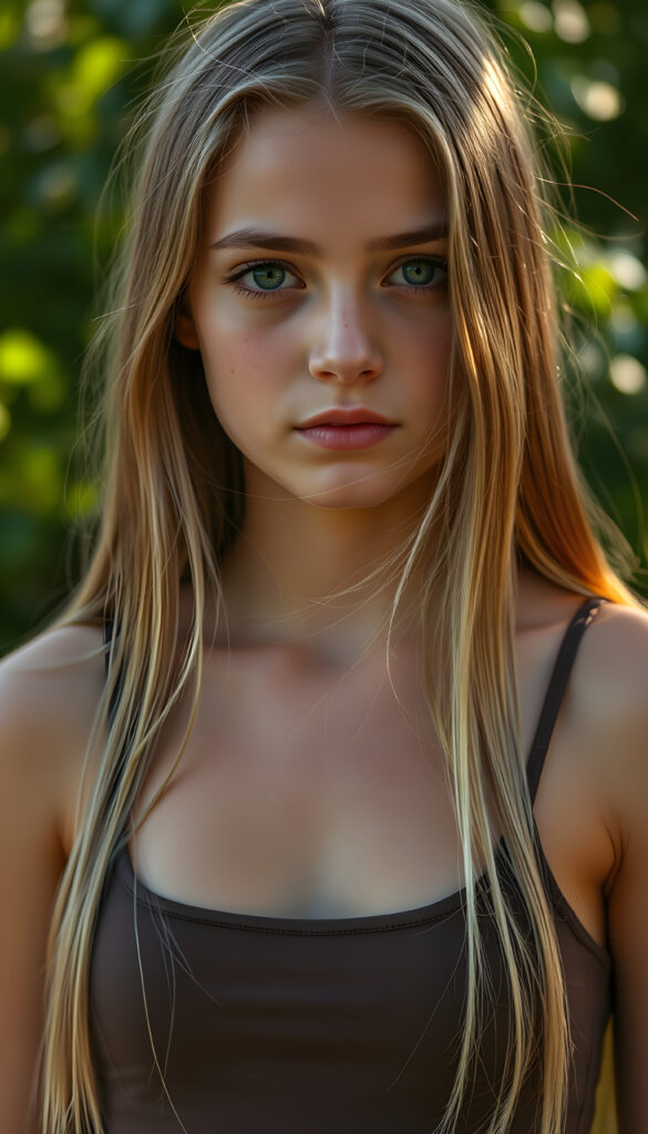 a ((high resolution)) photo, capturing a (((3/4 shot))) of a (((young stunning gorgeous girl))), long straight summer blonde hair same length, with ((intricate details around her eyes)), dressed in ((sexy thin tank top)). Her ((skin glows)) against the ((sunny green)) backdrop, suggesting a whimsically romantic atmosphere