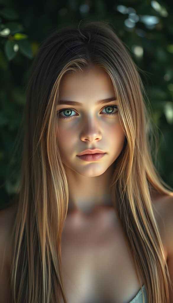 a ((high resolution)) photo, capturing a (((3/4 shot))) of a (((young stunning gorgeous girl))), long straight summer blonde hair same length, with ((intricate details around her eyes)), dressed in ((sexy thin tank top)). Her ((skin glows)) against the ((sunny green)) backdrop, suggesting a whimsically romantic atmosphere