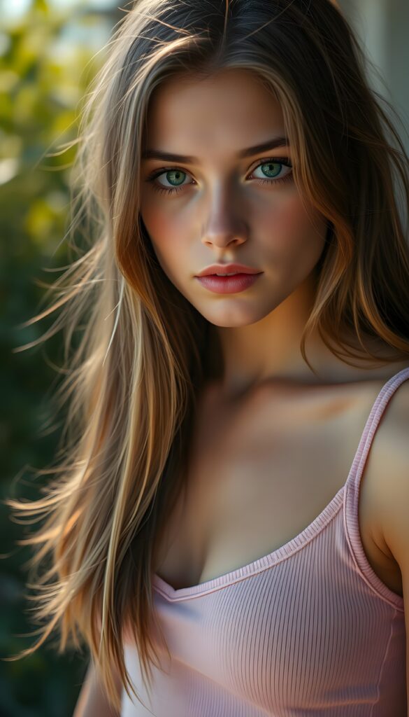 a ((high resolution)) photo, capturing a (((young stunning gorgeous young teen girl))), long straight soft brown hair and blond highlights, with ((realistic beautiful green eyes)), dressed in ((sexy thin pink tank top, busty, deep v-neck)), she has flawless soft skin, against the ((sunny)) backdrop, suggesting a whimsically romantic atmosphere
