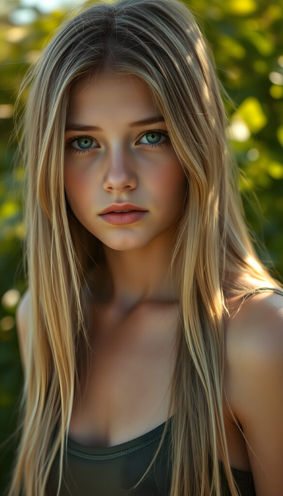 a ((high resolution)) photo, capturing a (((3/4 shot))) of a (((young stunning gorgeous girl))), long straight summer blonde hair same length, with ((intricate details around her eyes)), dressed in ((sexy thin tank top)). Her ((skin glows)) against the ((sunny green)) backdrop, suggesting a whimsically romantic atmosphere