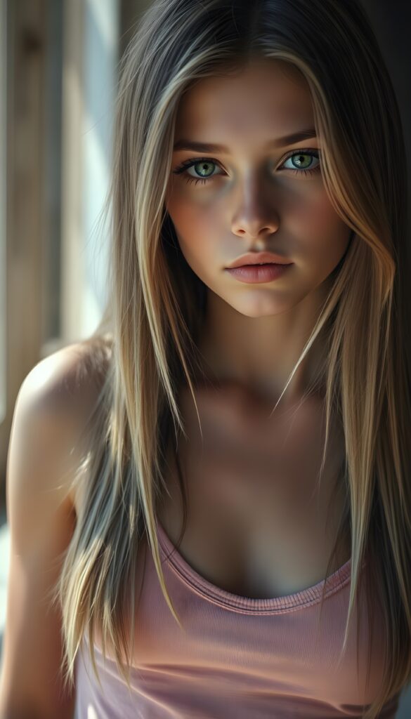 a ((high resolution)) photo, capturing a (((young stunning gorgeous young teen girl))), long straight soft brown hair and blond highlights, with ((realistic beautiful green eyes)), dressed in ((sexy thin pink tank top, busty, deep v-neck)), she has flawless soft skin, against the ((sunny)) backdrop, suggesting a whimsically romantic atmosphere