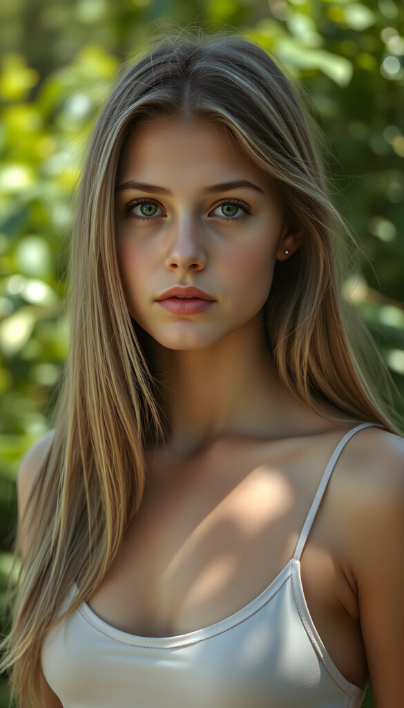 a ((high resolution)) photo, capturing a (((3/4 shot))) of a (((young stunning gorgeous girl))), long straight summer blonde hair same length, with ((intricate details around her eyes)), dressed in ((sexy thin tank top)). Her ((skin glows)) against the ((sunny green)) backdrop, suggesting a whimsically romantic atmosphere
