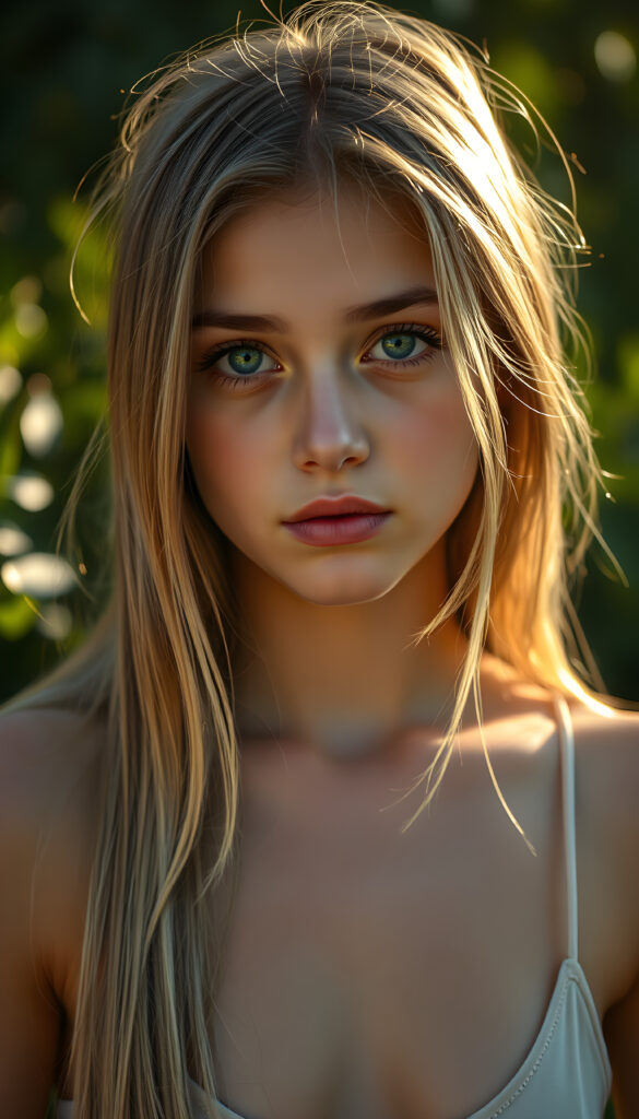 a ((high resolution)) photo, capturing a (((3/4 shot))) of a (((young stunning gorgeous girl))), long straight summer blonde hair same length, with ((intricate details around her eyes)), dressed in ((sexy thin tank top)). Her ((skin glows)) against the ((sunny green)) backdrop, suggesting a whimsically romantic atmosphere
