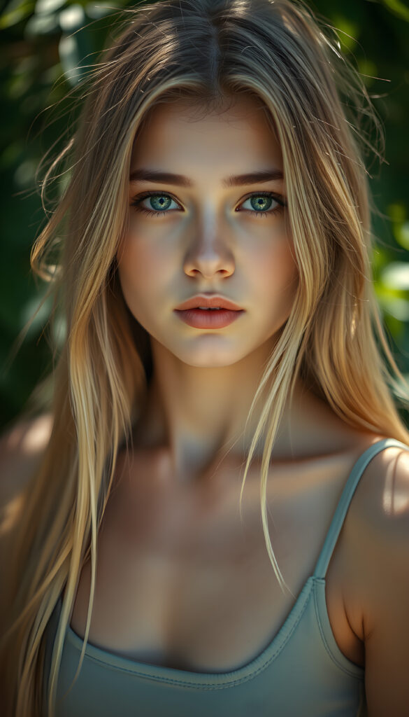 a ((high resolution)) photo, capturing a (((3/4 shot))) of a (((young stunning gorgeous girl))), long straight summer blonde hair same length, with ((intricate details around her eyes)), dressed in ((sexy thin tank top)). Her ((skin glows)) against the ((sunny green)) backdrop, suggesting a whimsically romantic atmosphere